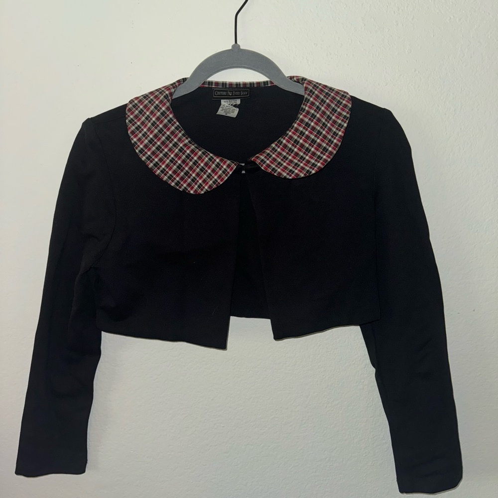 Black ShortCropped Jacket with Plaid Collar